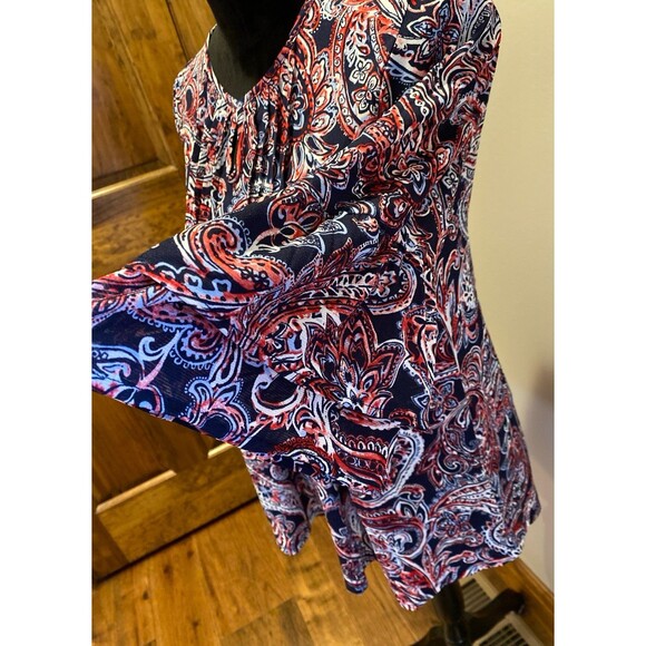 Roz & Ali Blouse Size Large Navy Red Paisley + Stretch Bell Sleeves Casual Top - Picture 4 of 11